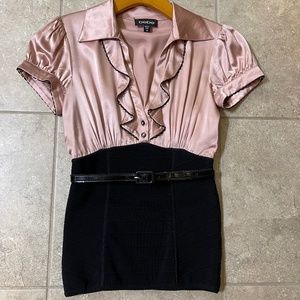 Bebe Black Knit Rose Pink Ruffle Satin Top Blouse